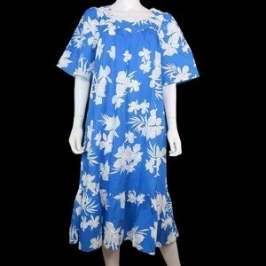 Aikane Hawaii Aloha Vintage Muumuu Lounge Trumpet Dress Blue Floral Women's XL